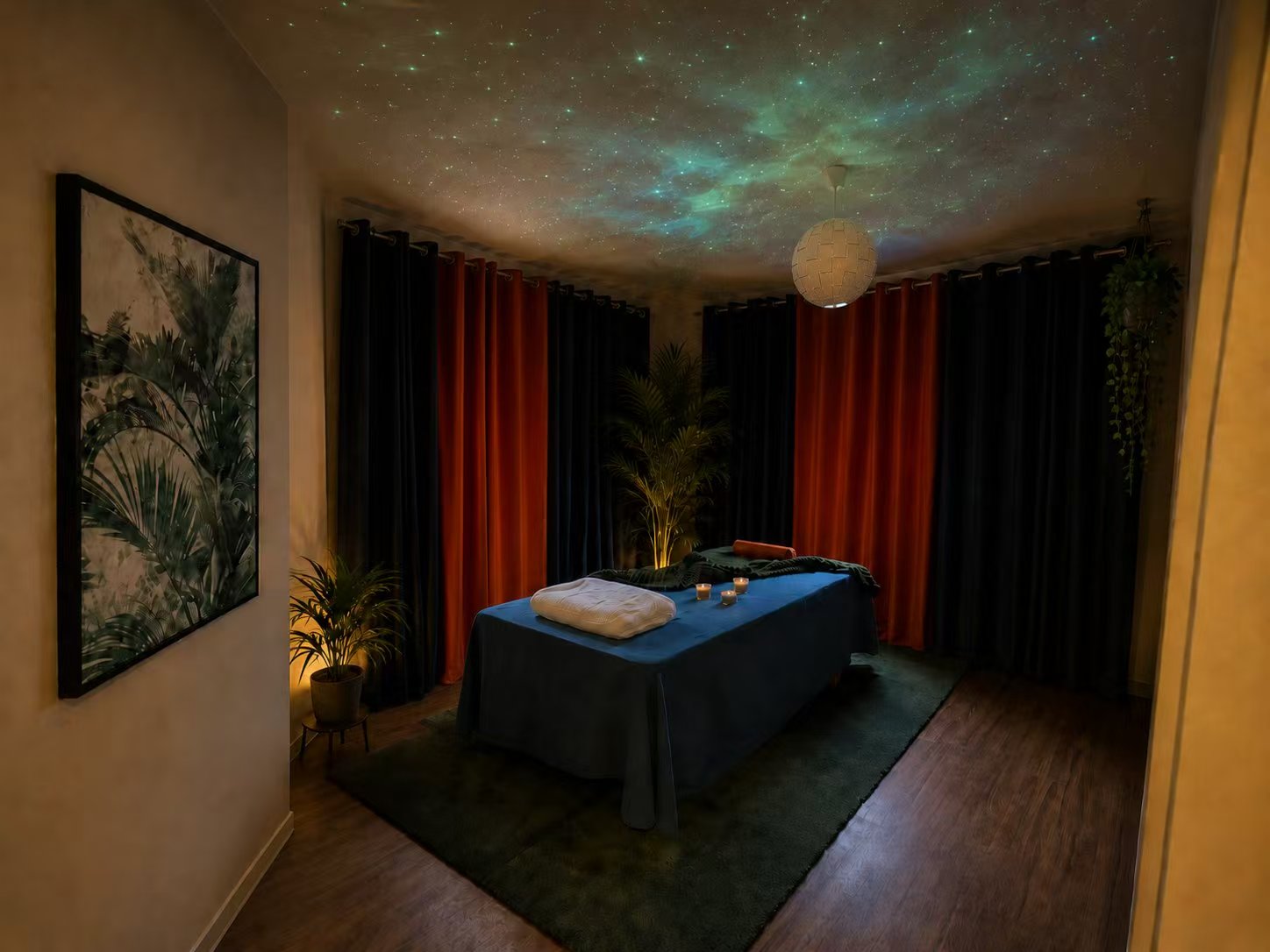 Massage Oase Studio Mannheim — Ruheraum mit Sternenhimmel-Decke und warmem Licht